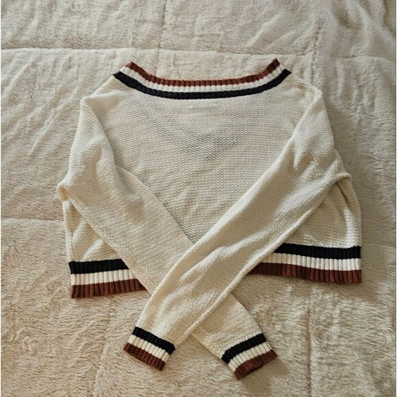 American Eagle Outfitters Cream V-Neck Cropped Sweater Stripes Size XS - Picture 5 of 7